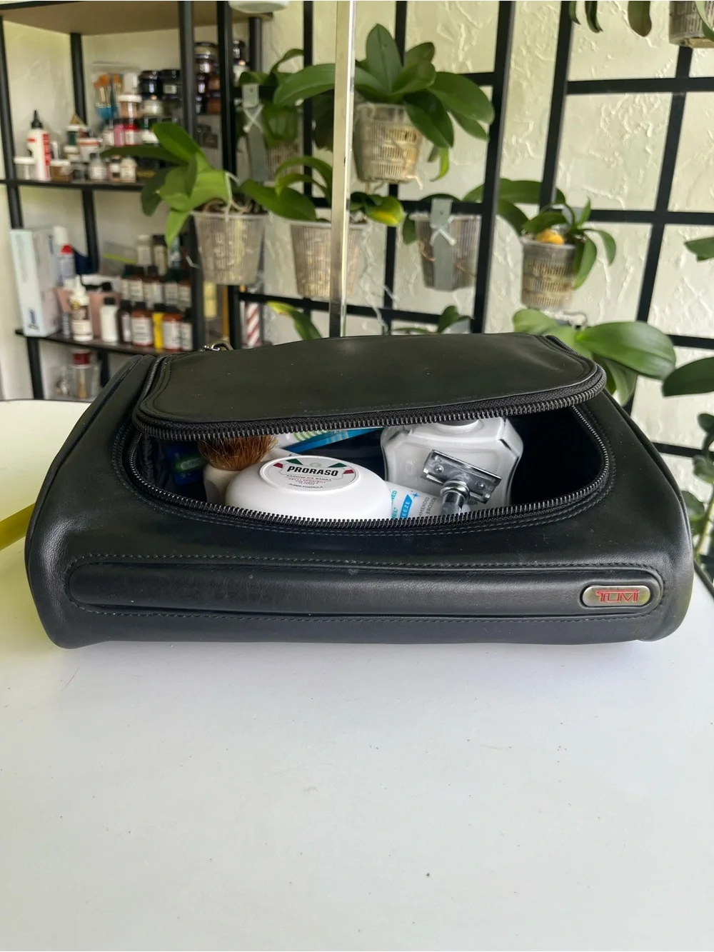TUMI Men's Black Leather Travel Dopp Kit Toiletry Bag